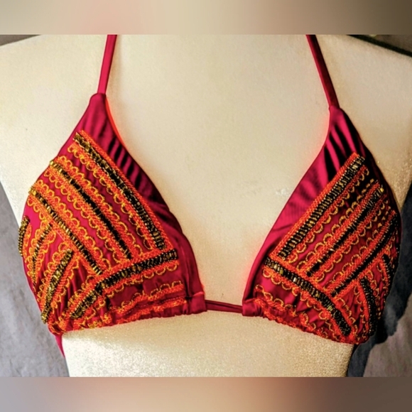 Handmade Columbian Beaded and Embroidered  bikini. Maroon/Red. Sz. M. New - Picture 6 of 7
